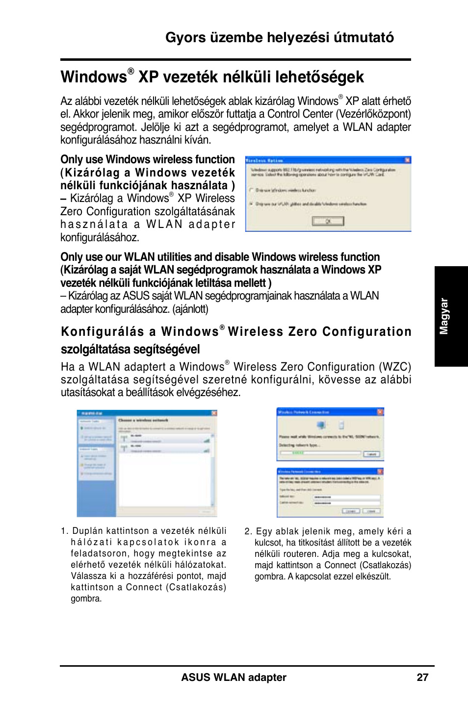 Windows, Xp vezeték nélküli lehetőségek, Gyors üzembe helyezési útmutató | Konfigurálás a windows | Asus WL-160N User Manual | Page 29 / 85