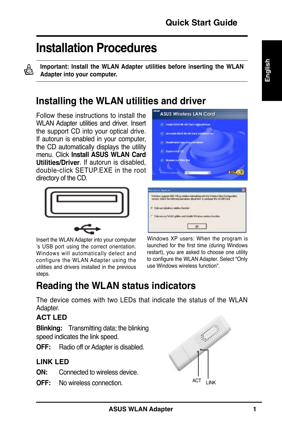 Installation procedures, Installing the wlan utilities and driver, Reading the wlan status indicators | Quick start guide | Asus WL-160N User Manual | Page 3 / 85