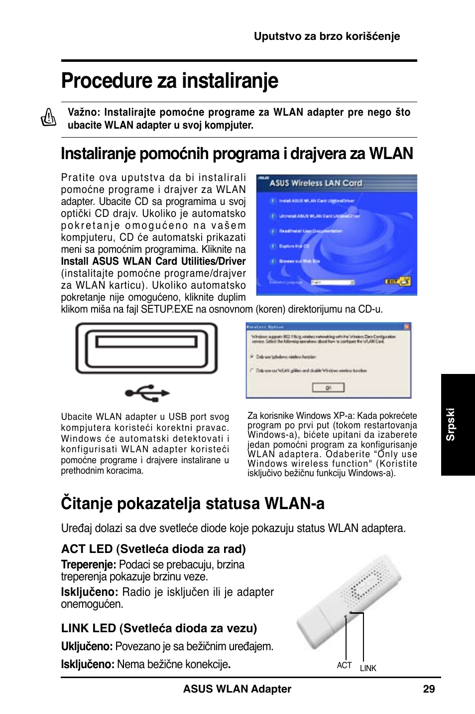 Procedure za instaliranje, Instaliranje pomoćnih programa i drajvera za wlan, Čitanje pokazatelja statusa wlan-a | Asus WL-160N User Manual | Page 31 / 85