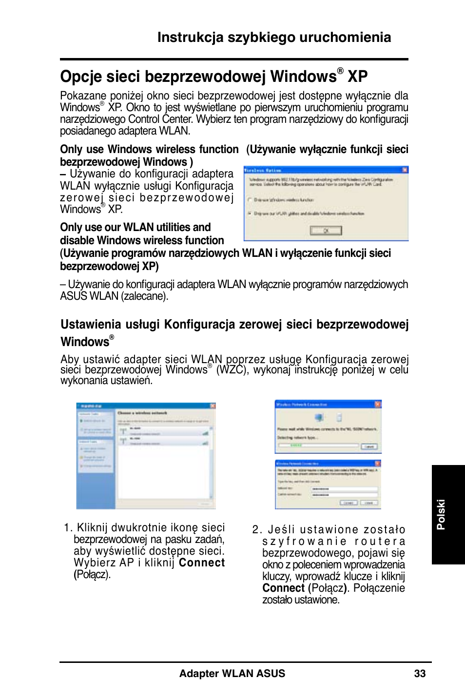 Opcje sieci bezprzewodowej windows, Instrukcja szybkiego uruchomienia | Asus WL-160N User Manual | Page 35 / 85