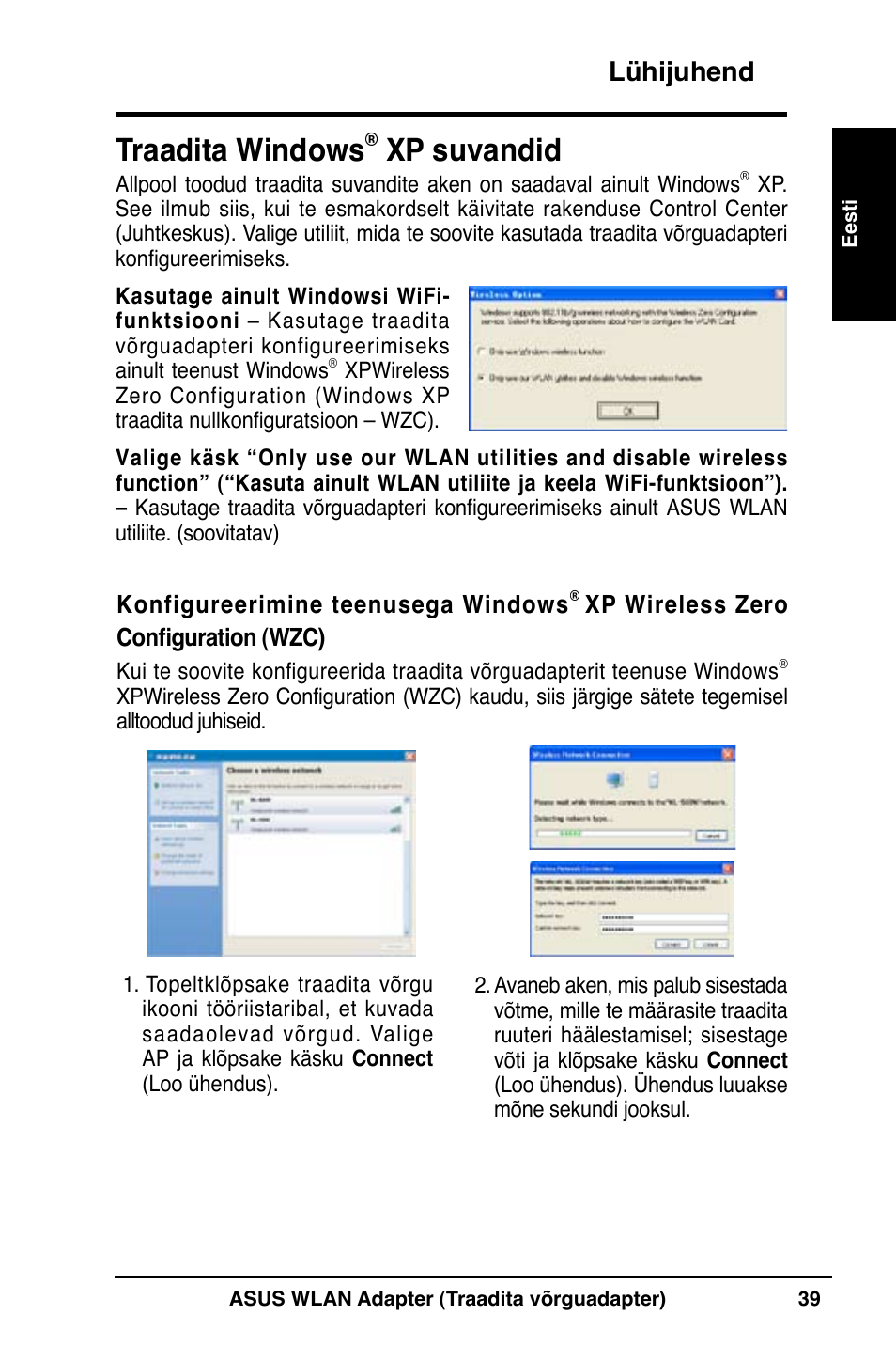 Traadita windows, Xp suvandid, Lühijuhend | Asus WL-160N User Manual | Page 41 / 85