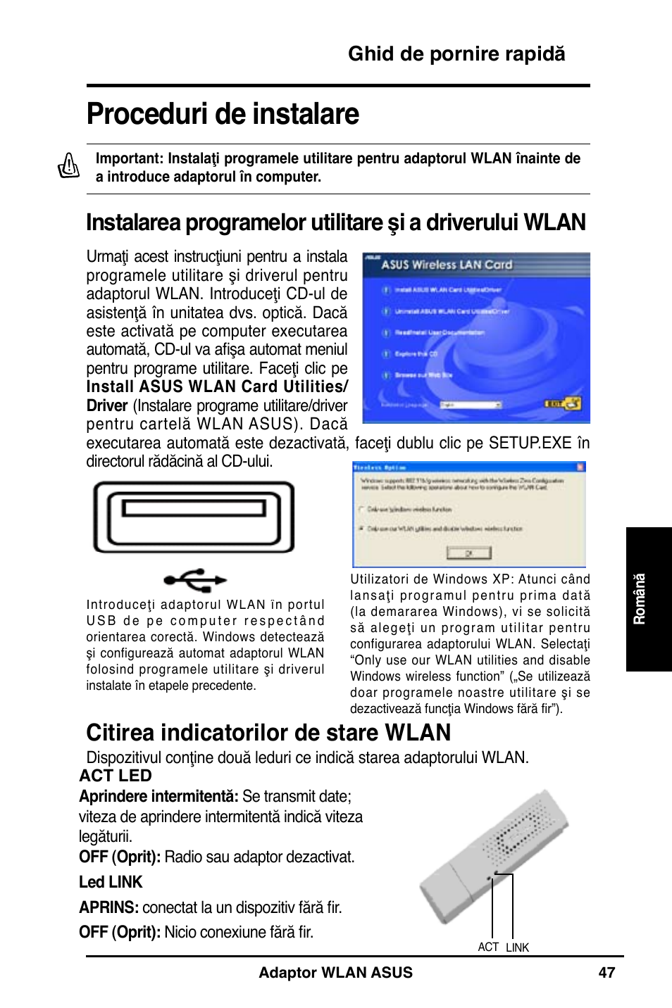 Proceduri de instalare, Citirea indicatorilor de stare wlan, Ghid de pornire rapidă | Asus WL-160N User Manual | Page 49 / 85