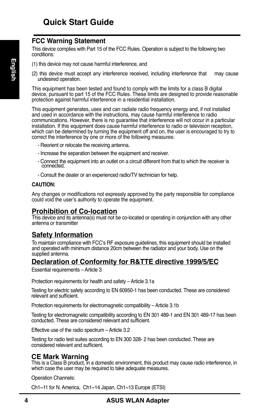 Quick start guide, Fcc warning statement, Prohibition of co-location | Safety information, Ce mark warning | Asus WL-160N User Manual | Page 6 / 85