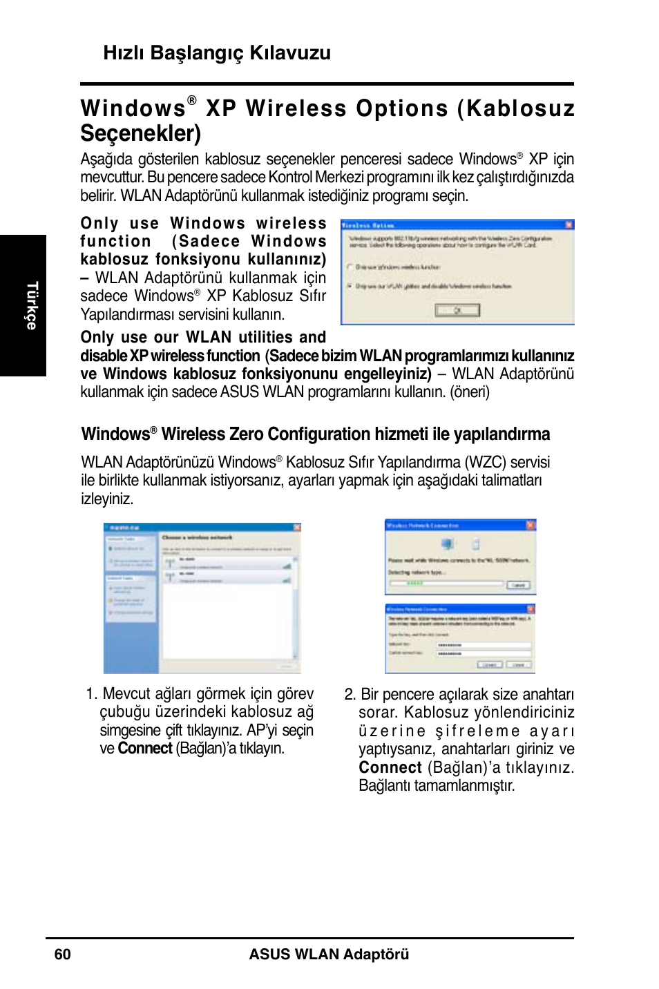 Windows, Xp wireless options (kablosuz seçenekler), Hızlı başlangıç kılavuzu | Asus WL-160N User Manual | Page 62 / 85