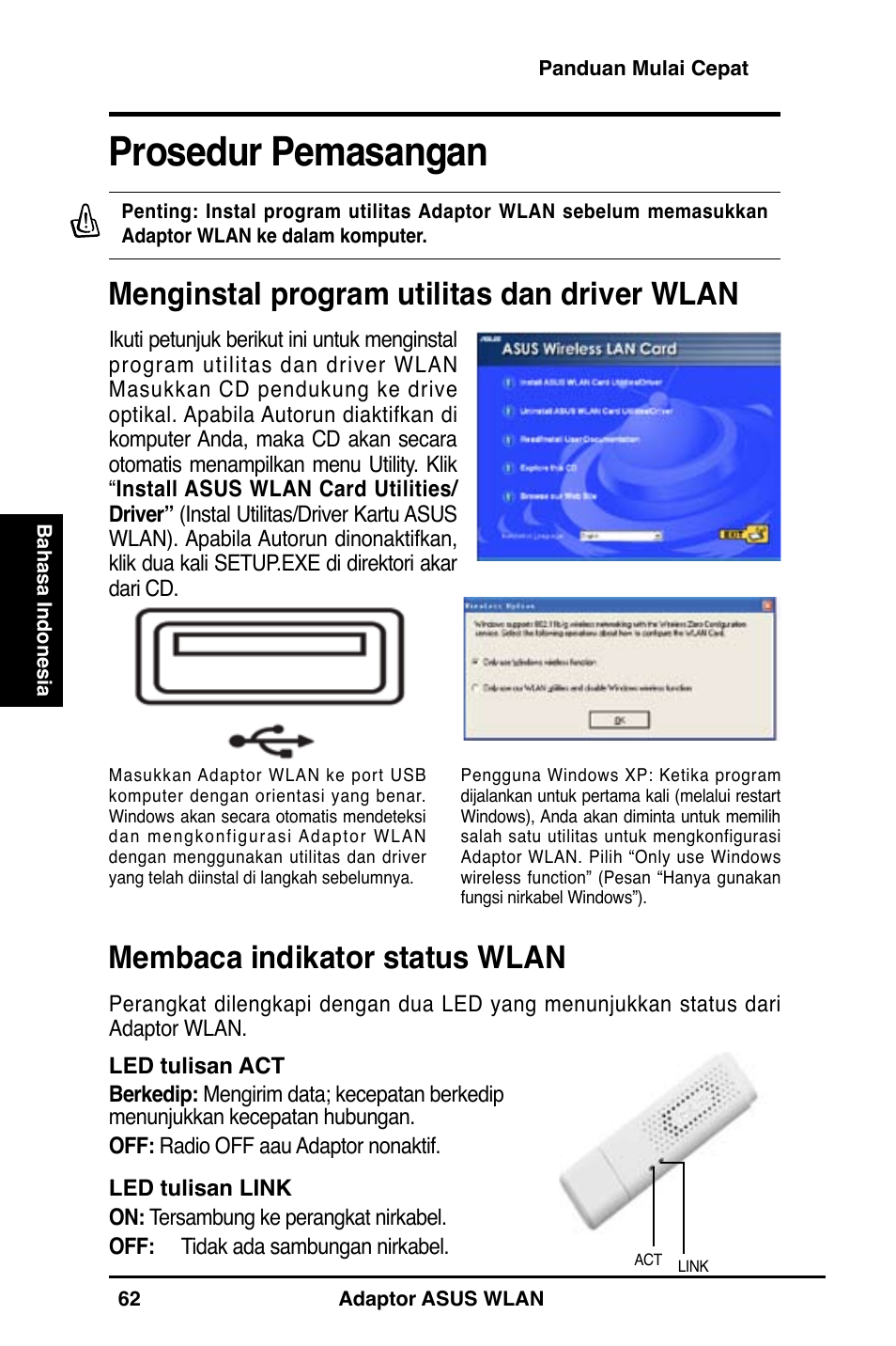 Prosedur pemasangan, Menginstal program utilitas dan driver wlan, Membaca indikator status wlan | Asus WL-160N User Manual | Page 64 / 85
