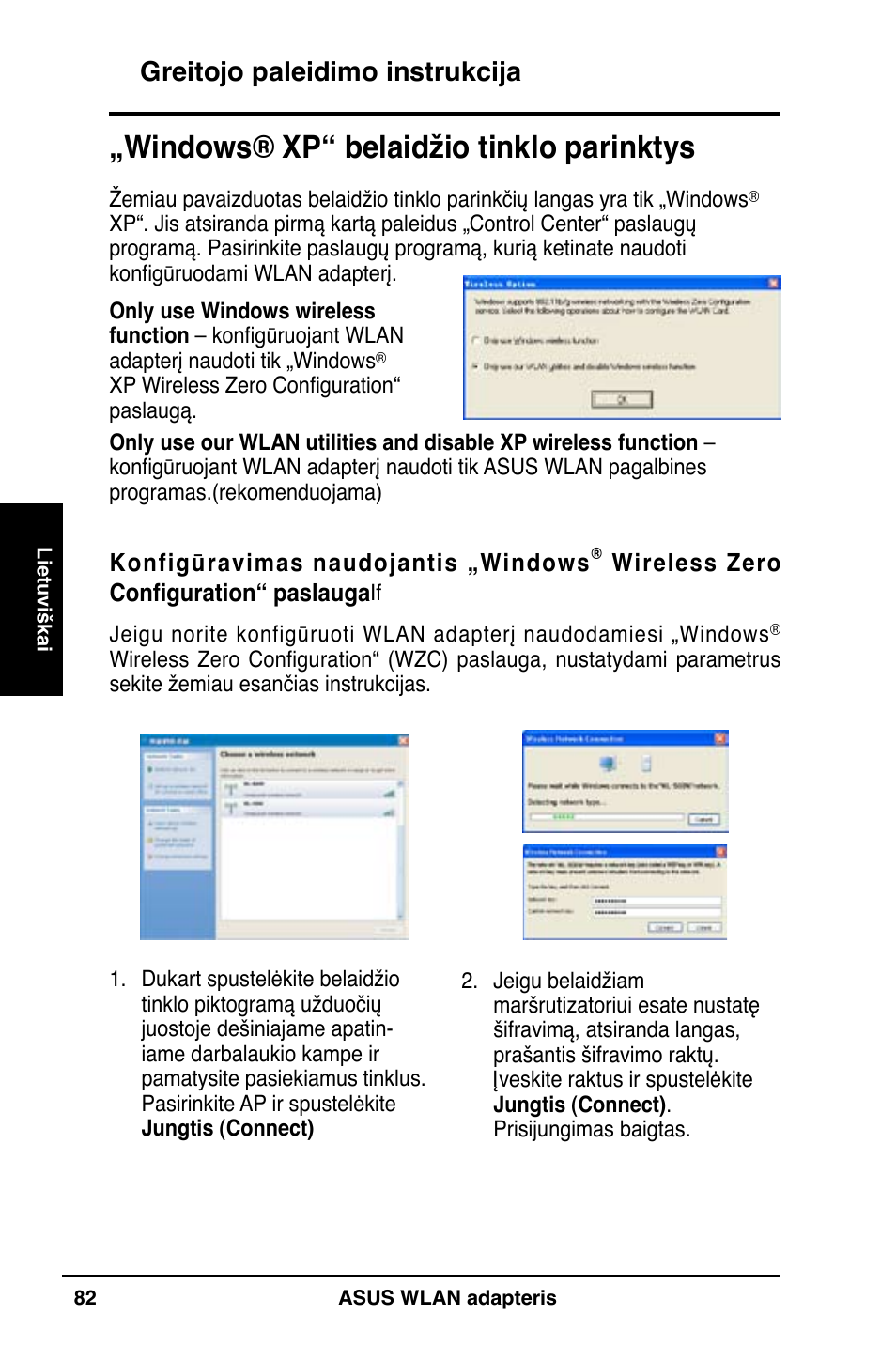 Windows® xp“ belaidžio tinklo parinktys, Greitojo paleidimo instrukcija | Asus WL-160N User Manual | Page 84 / 85