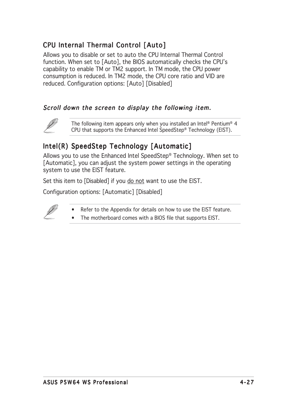 Cpu internal thermal control [auto, Intel(r) speedstep technology [automatic | Asus P5W64 WS Professional User Manual | Page 101 / 164