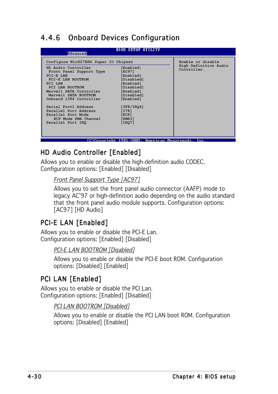 Hd audio controller [enabled, Pci-e lan [enabled, Pci lan [enabled | Asus P5W64 WS Professional User Manual | Page 104 / 164