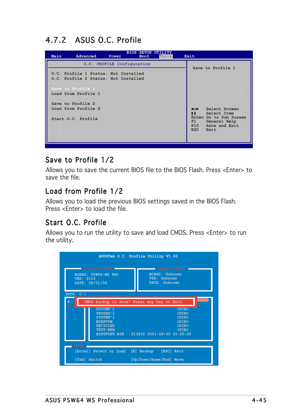 Save to profile 1/2, Load from profile 1/2, Start o.c. profile | Asus P5W64 WS Professional User Manual | Page 119 / 164