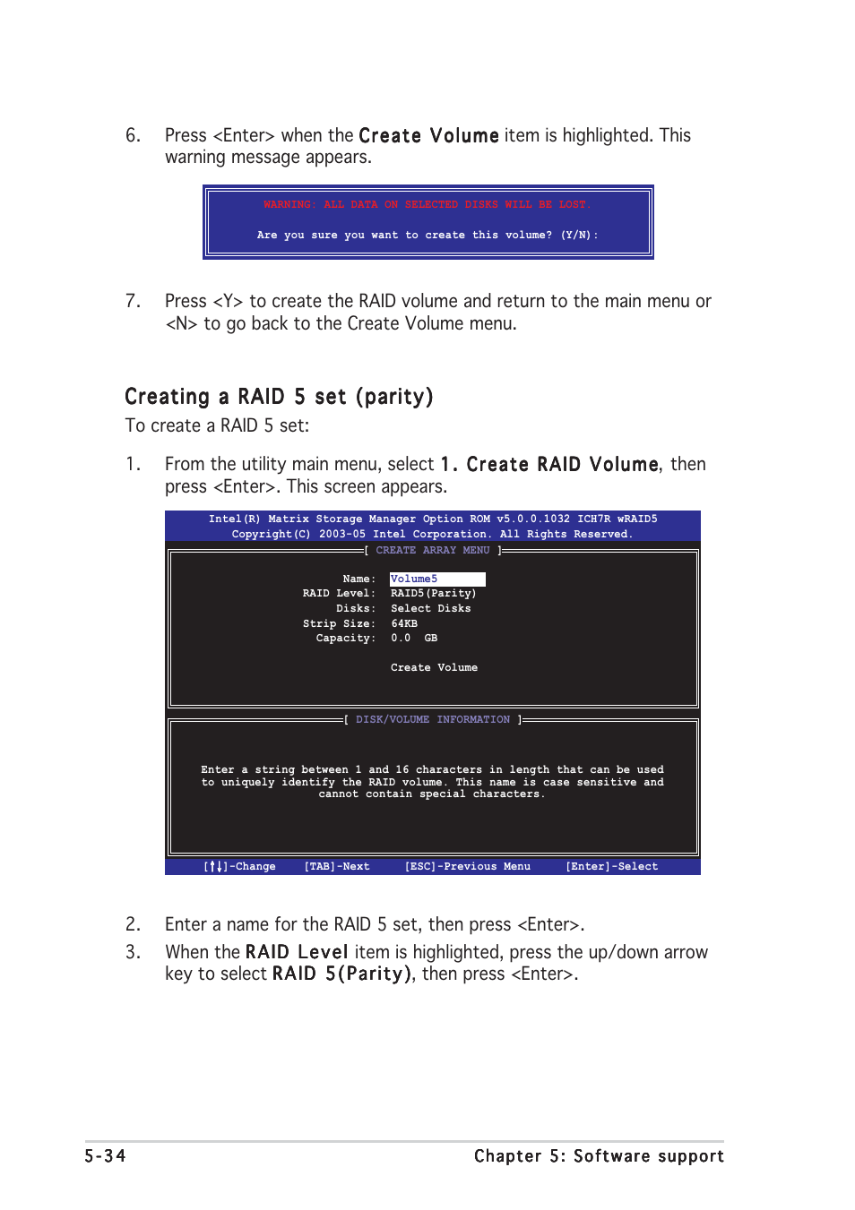 Creating a raid 5 set (parity) | Asus P5W64 WS Professional User Manual | Page 140 / 164