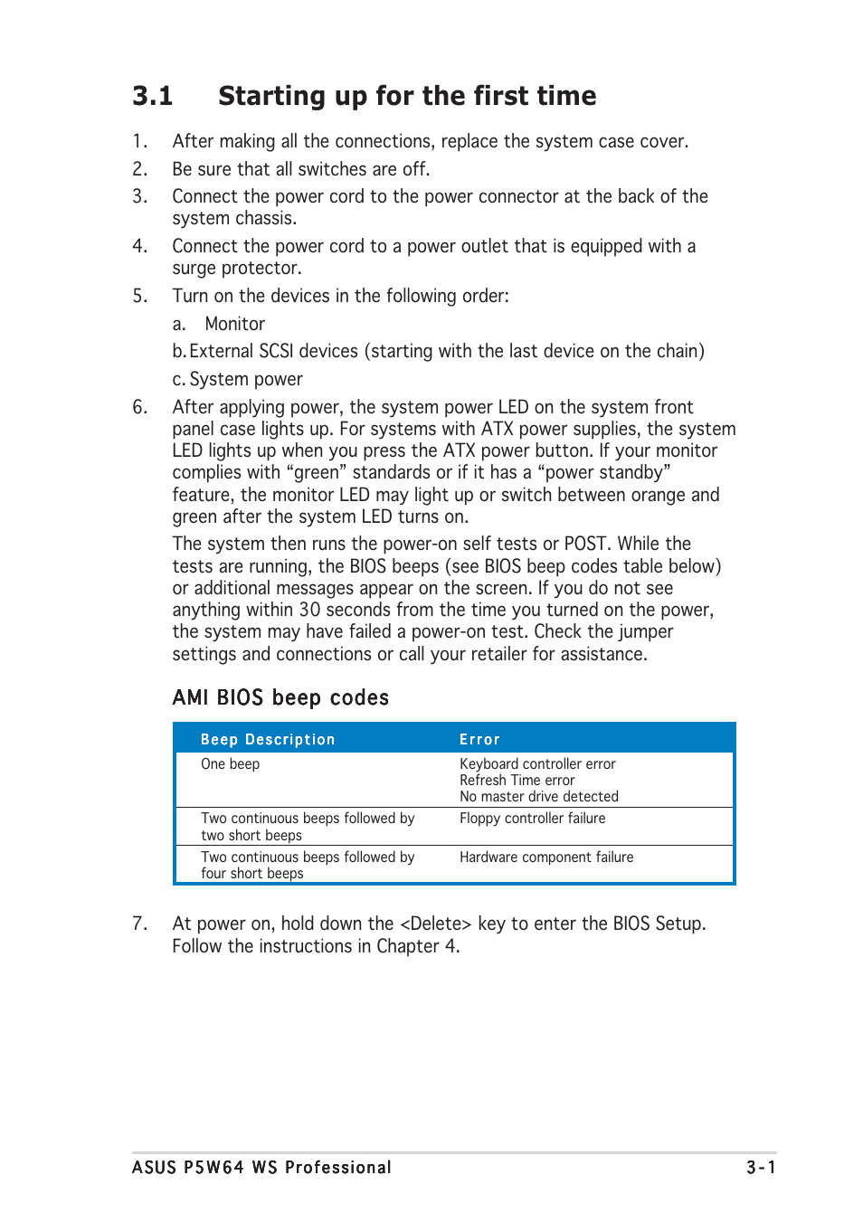 1 starting up for the first time, Ami bios beep codes | Asus P5W64 WS Professional User Manual | Page 71 / 164