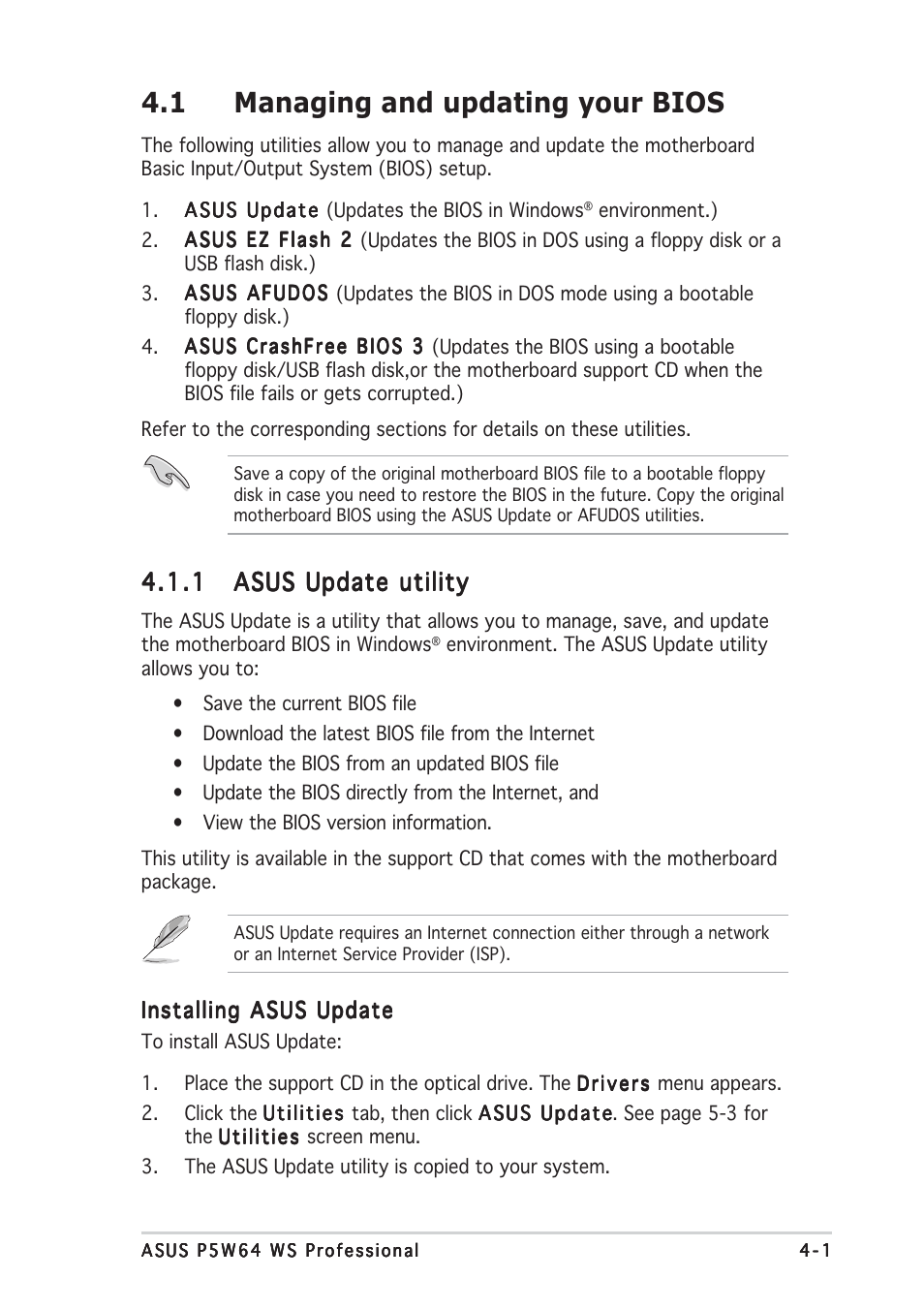 1 managing and updating your bios | Asus P5W64 WS Professional User Manual | Page 75 / 164