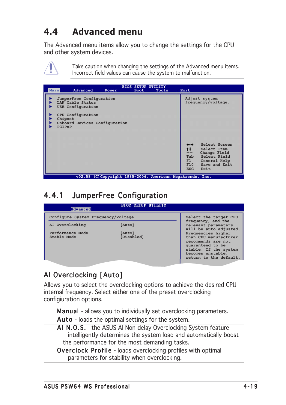 4 advanced menu, Ai overclocking [auto | Asus P5W64 WS Professional User Manual | Page 93 / 164