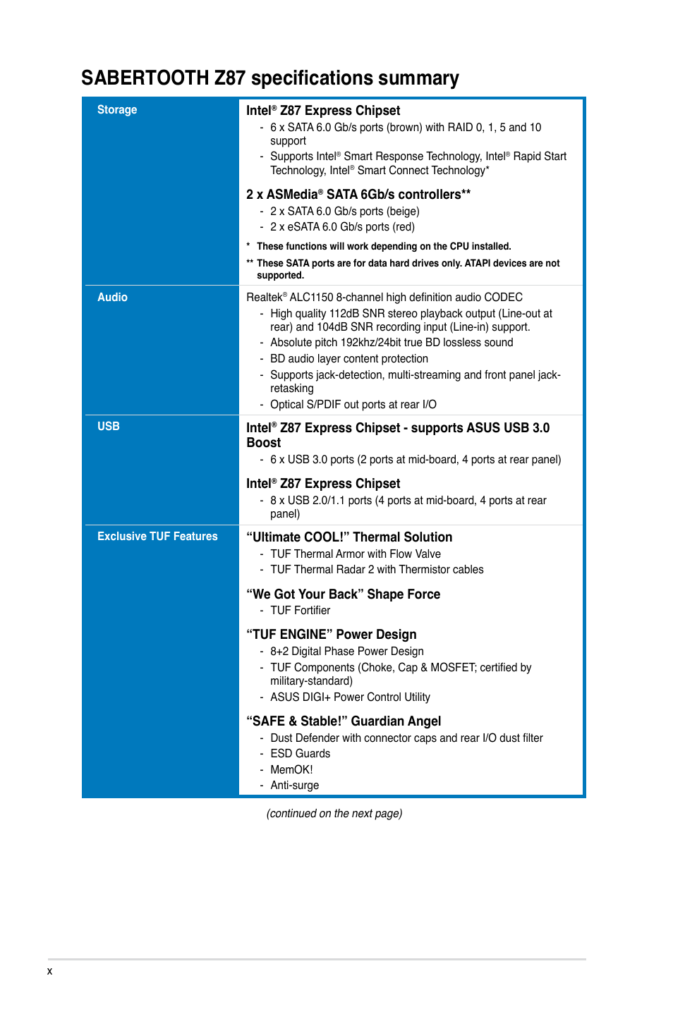 Sabertooth z87 specifications summary | Asus SABERTOOTH Z87 User Manual | Page 10 / 166