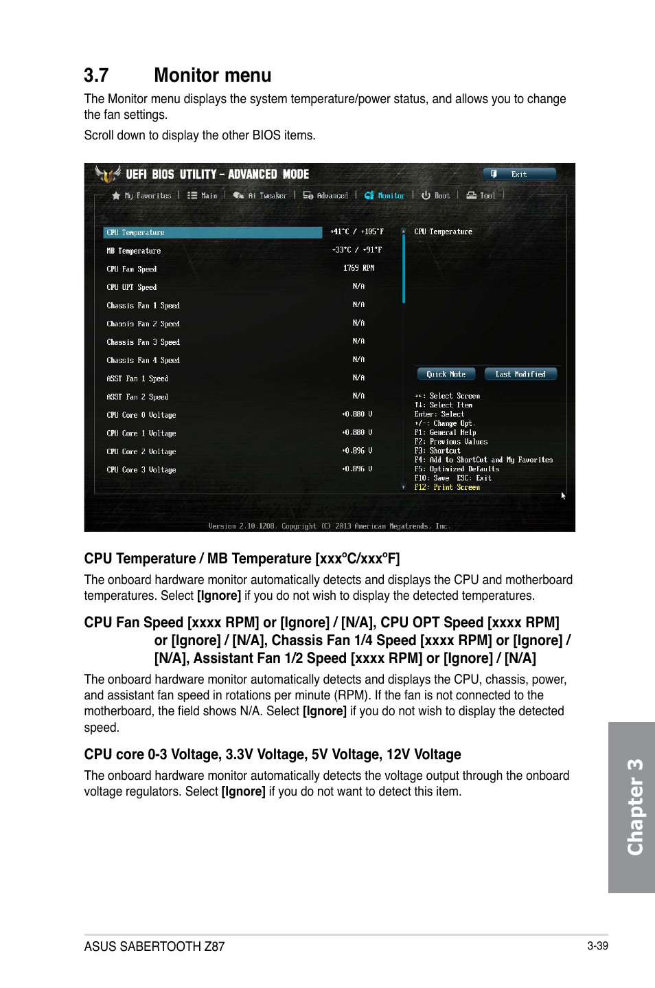 7 monitor menu, Monitor menu -39, Chapter 3 3.7 monitor menu | Asus SABERTOOTH Z87 User Manual | Page 105 / 166