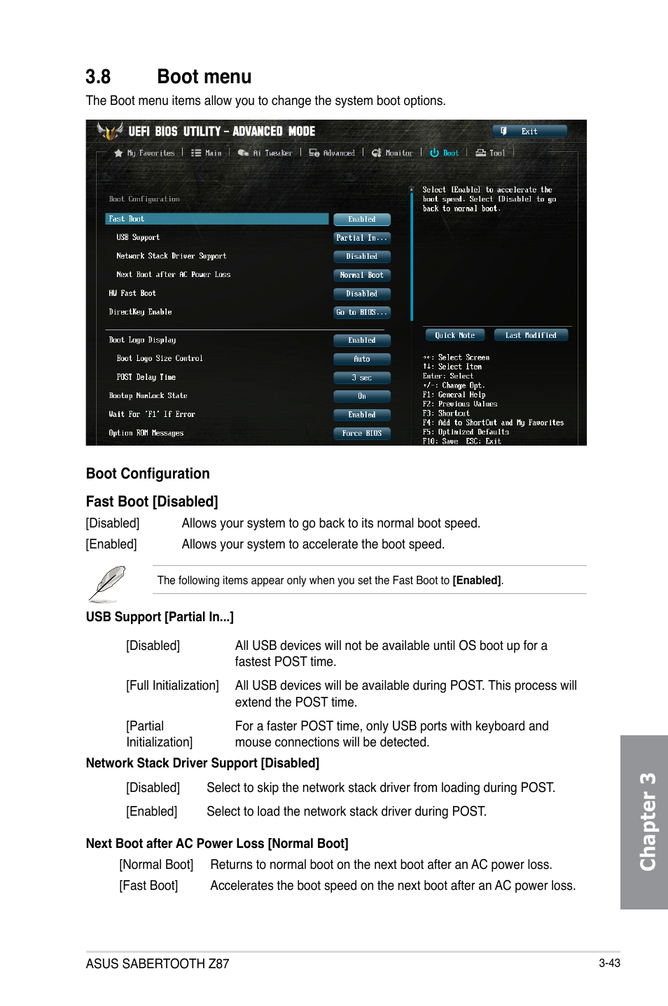 8 boot menu, Boot menu -43, Chapter 3 3.8 boot menu | Asus SABERTOOTH Z87 User Manual | Page 109 / 166