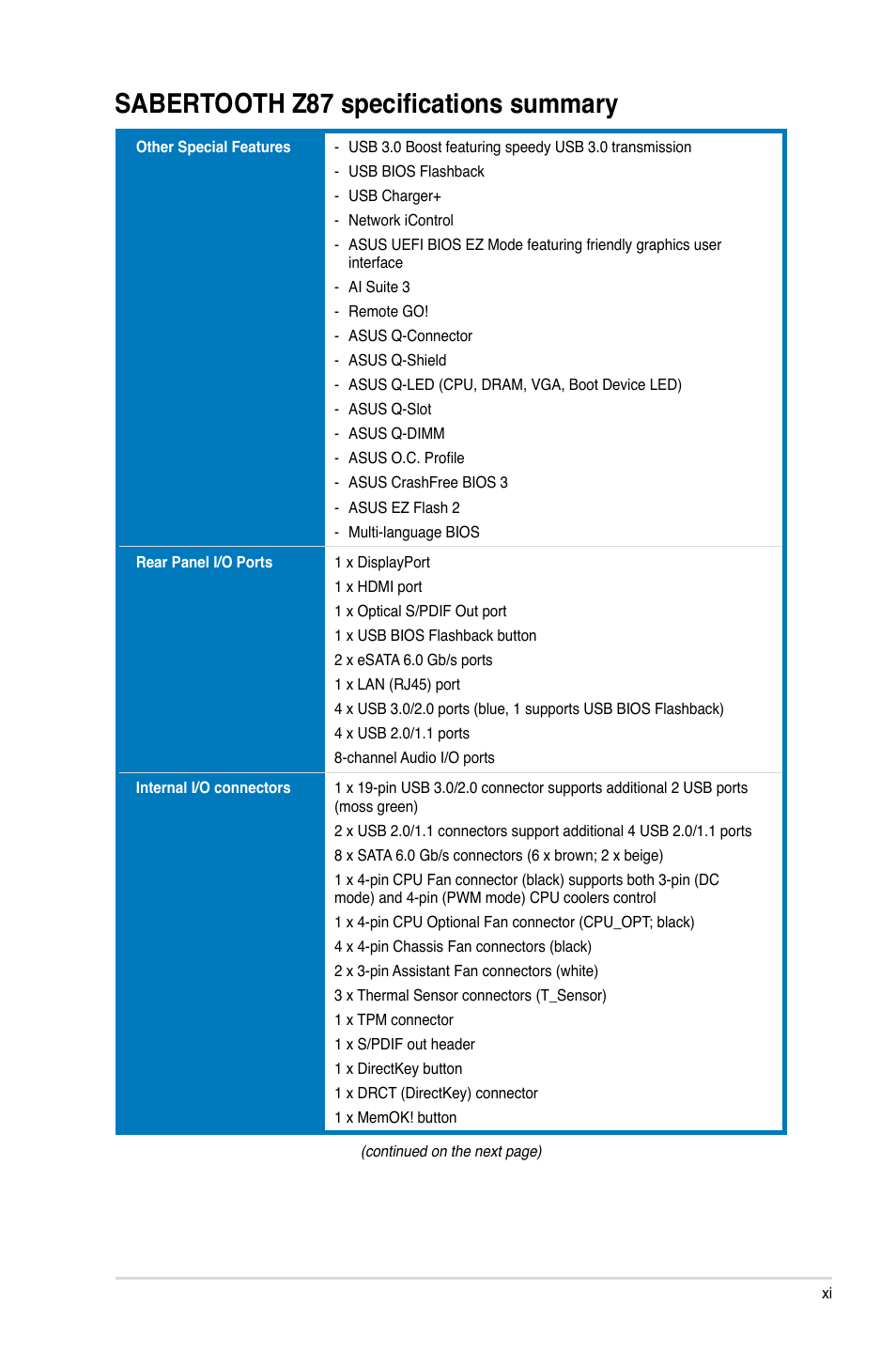 Sabertooth z87 specifications summary | Asus SABERTOOTH Z87 User Manual | Page 11 / 166