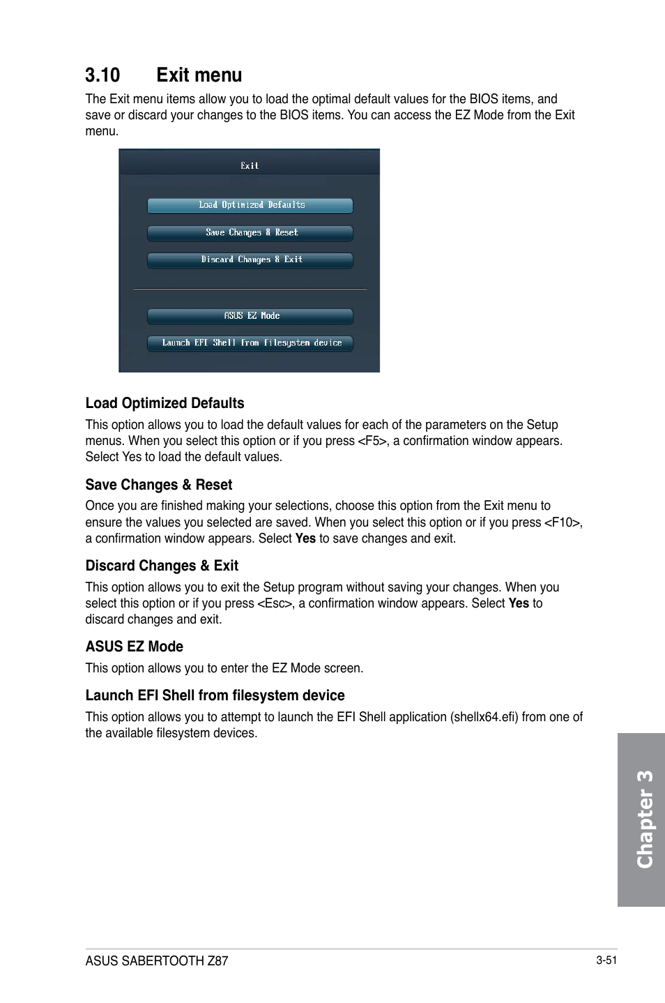 10 exit menu, Exit menu -51, Chapter 3 3.10 exit menu | Asus SABERTOOTH Z87 User Manual | Page 117 / 166