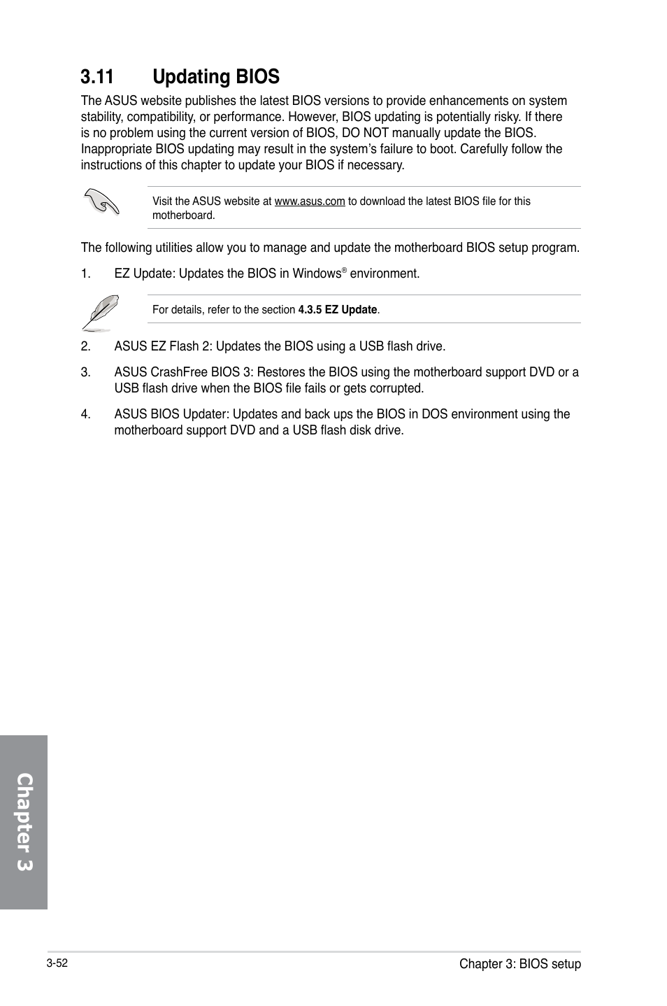 11 updating bios, Updating bios -52, Chapter 3 3.11 updating bios | Asus SABERTOOTH Z87 User Manual | Page 118 / 166