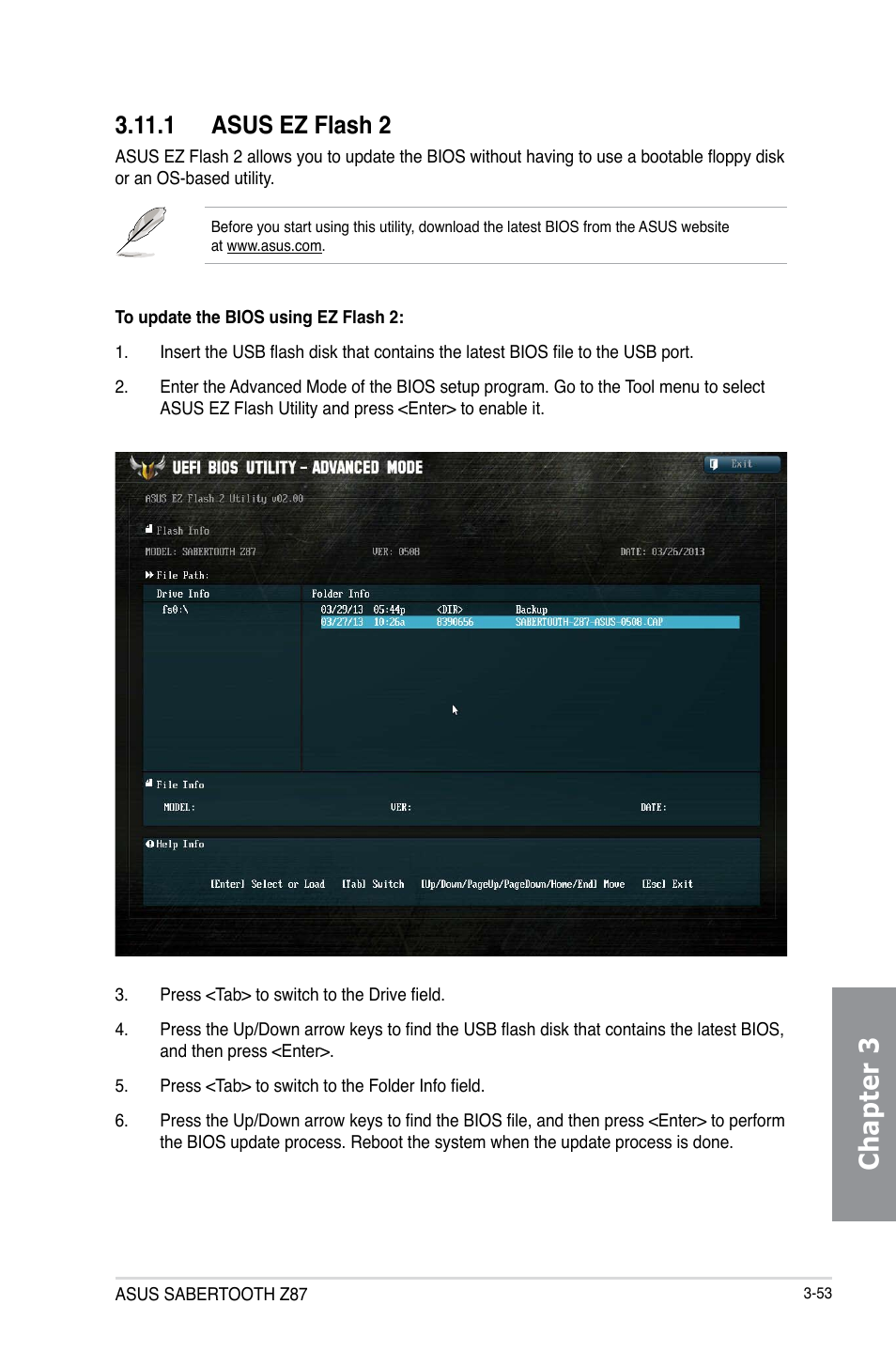 1 asus ez flash 2, Asus ez flash 2 -53, Chapter 3 | Asus SABERTOOTH Z87 User Manual | Page 119 / 166