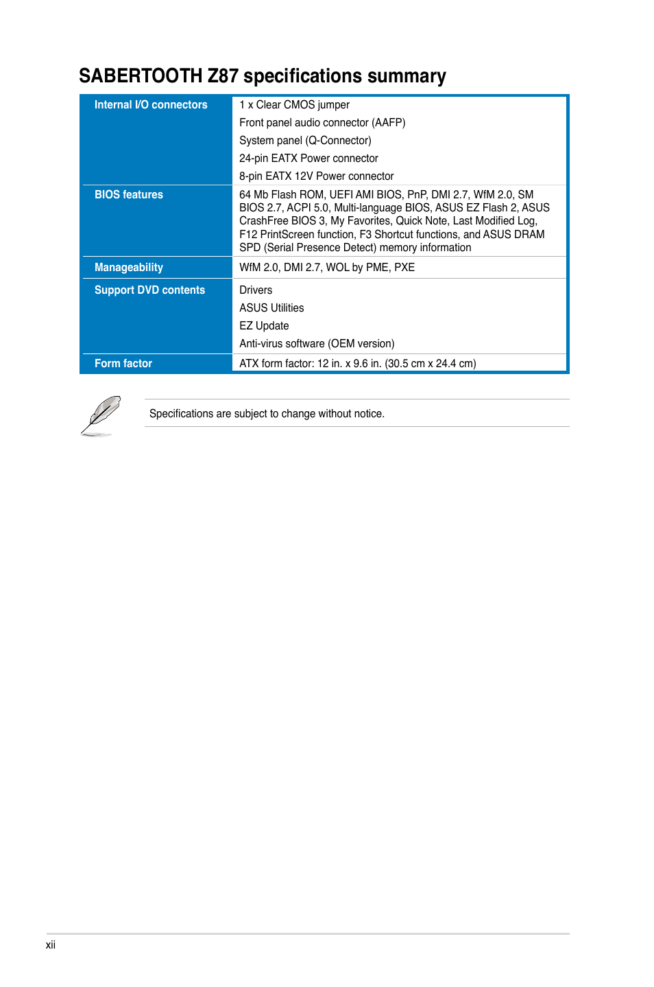 Sabertooth z87 specifications summary | Asus SABERTOOTH Z87 User Manual | Page 12 / 166