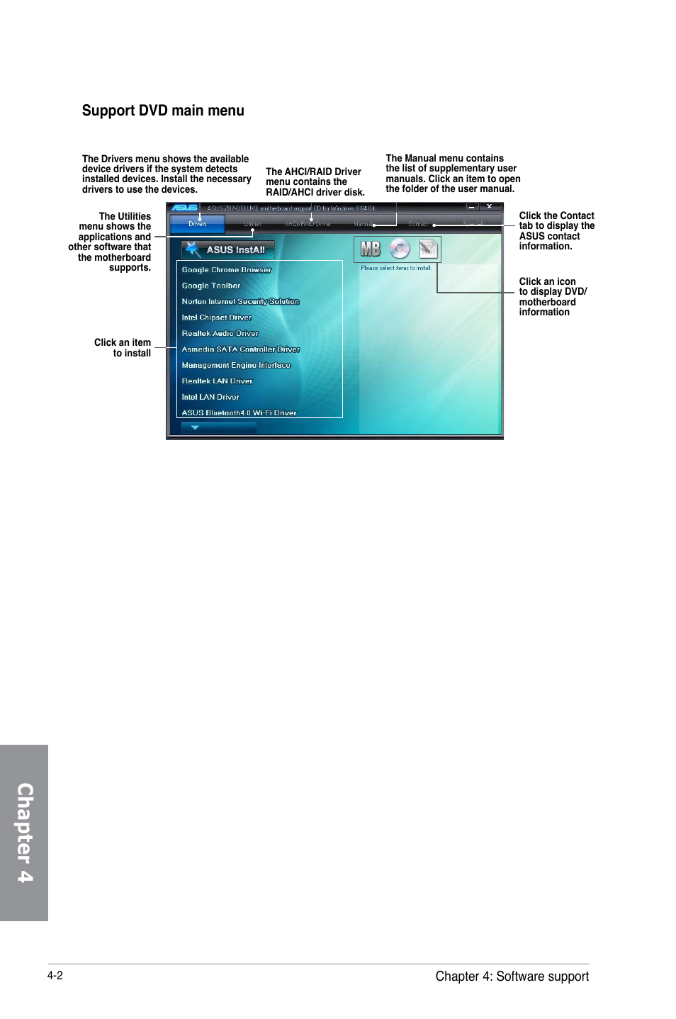 Chapter 4, Support dvd main menu, Chapter 4: software support | Asus SABERTOOTH Z87 User Manual | Page 126 / 166