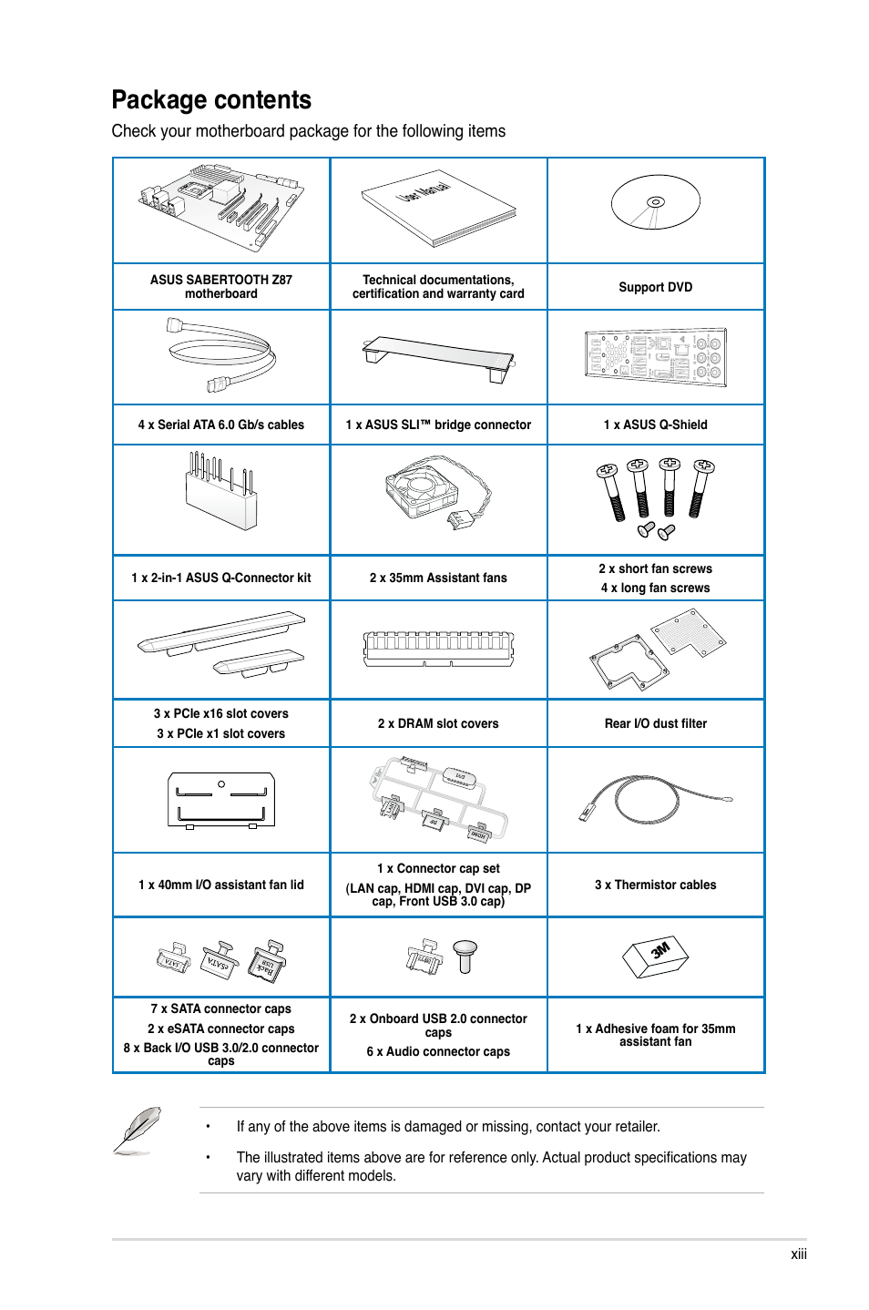 Package contents, User manual | Asus SABERTOOTH Z87 User Manual | Page 13 / 166