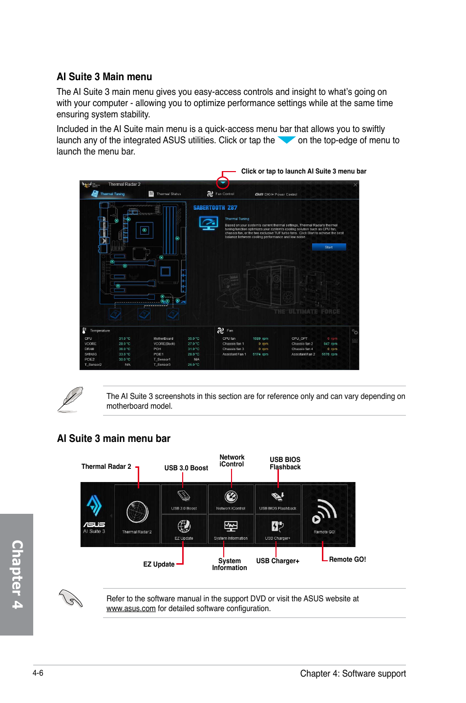 Chapter 4, Ai suite 3 main menu, Ai suite 3 main menu bar | Asus SABERTOOTH Z87 User Manual | Page 130 / 166