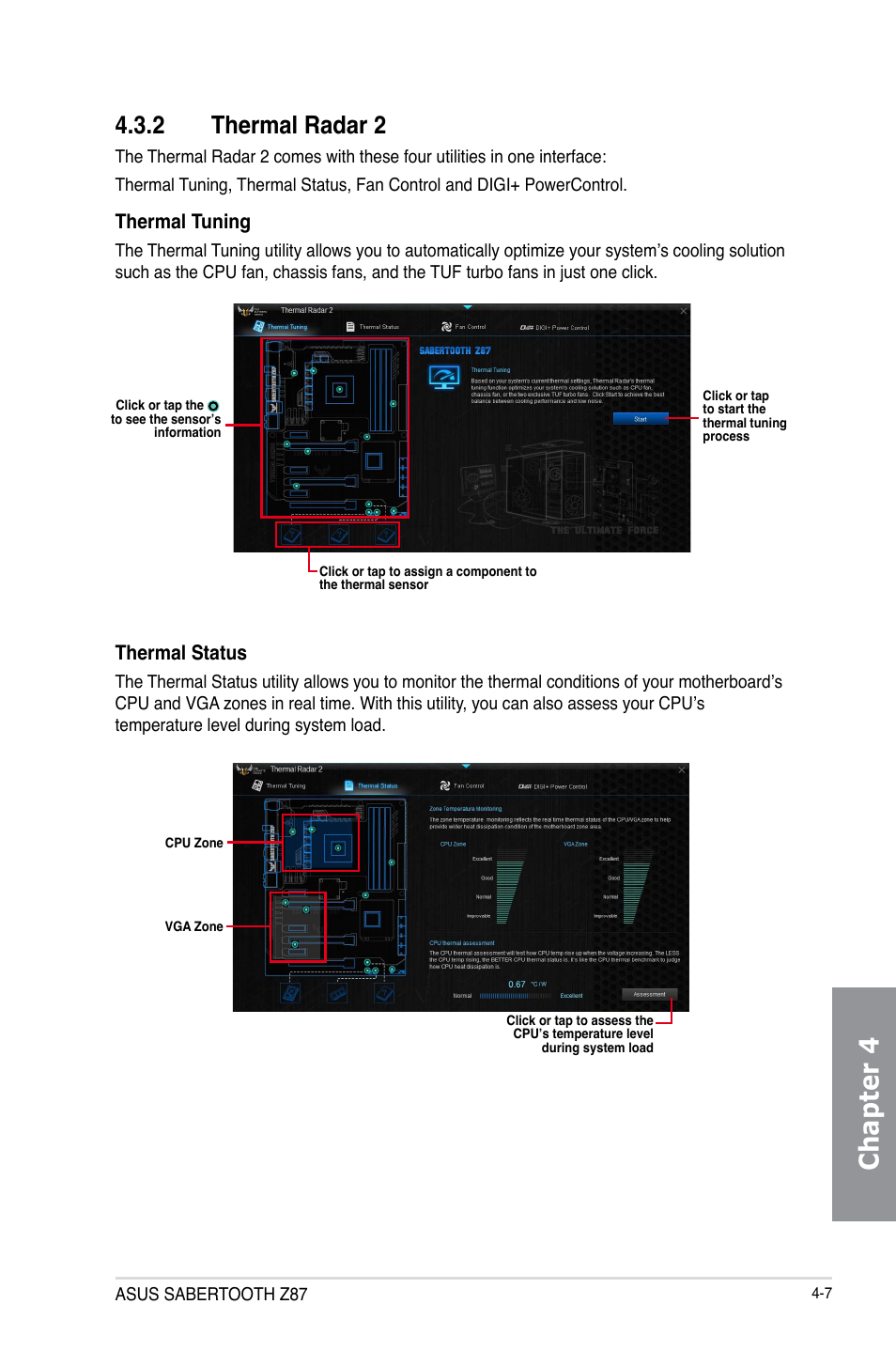 2 thermal radar 2, Thermal radar 2 -7, Chapter 4 | Thermal tuning, Thermal status | Asus SABERTOOTH Z87 User Manual | Page 131 / 166