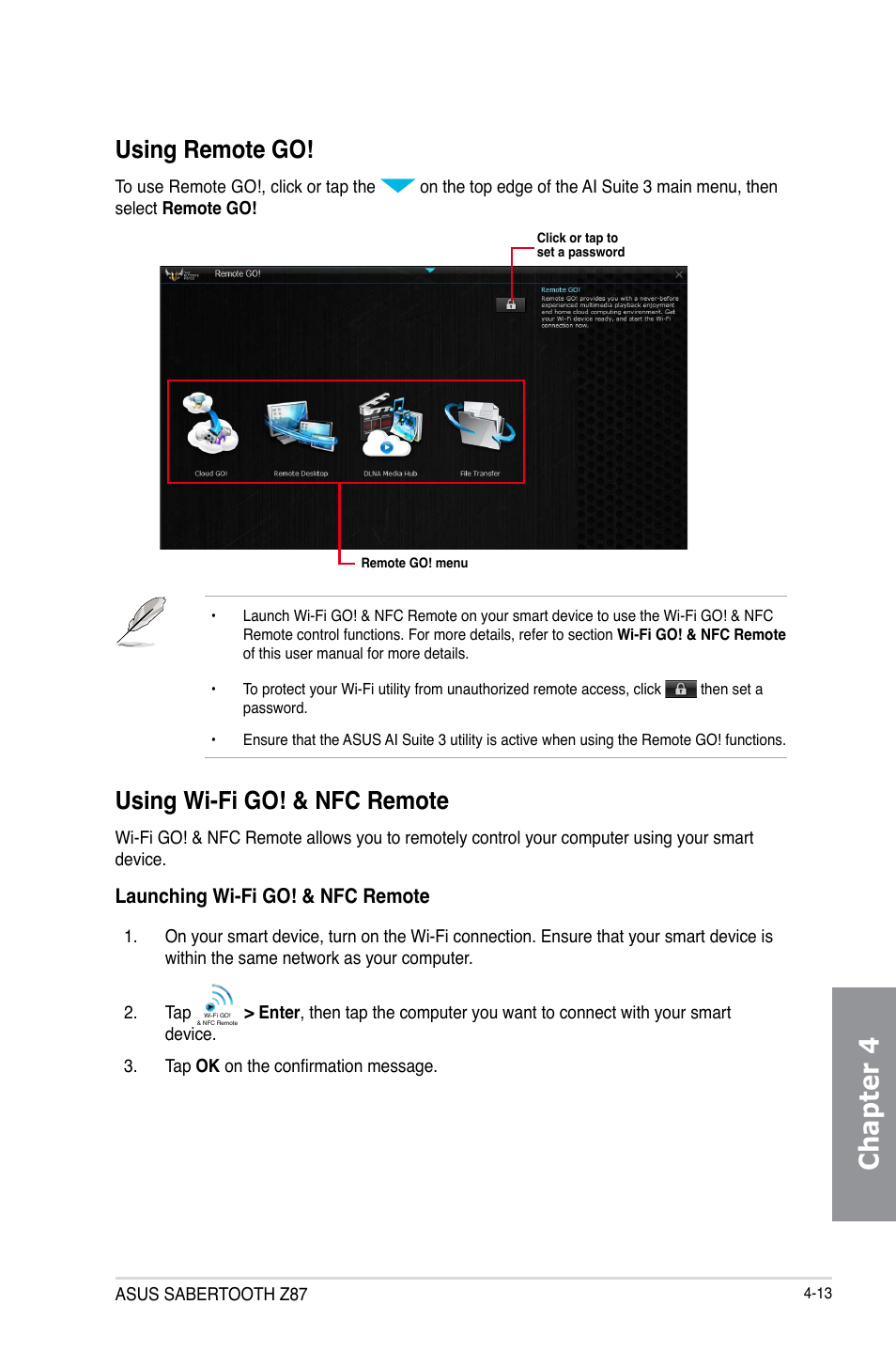 Chapter 4, Using remote go, Using wi-fi go! & nfc remote | Asus SABERTOOTH Z87 User Manual | Page 137 / 166