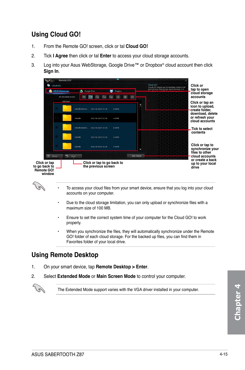 Chapter 4, Using cloud go, Using remote desktop | Asus SABERTOOTH Z87 User Manual | Page 139 / 166
