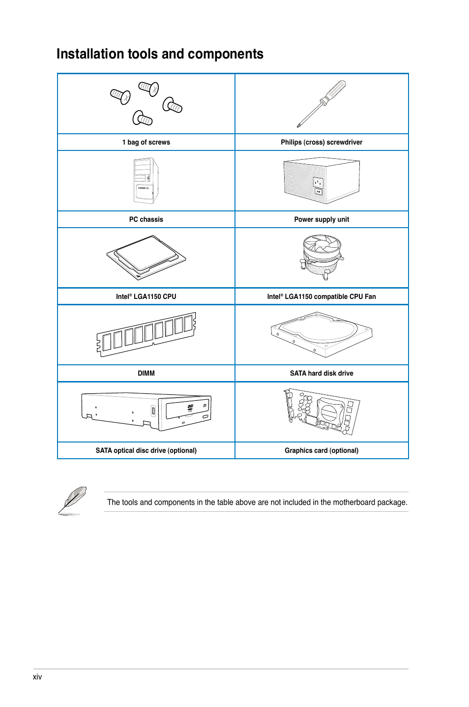 Installation tools and components | Asus SABERTOOTH Z87 User Manual | Page 14 / 166