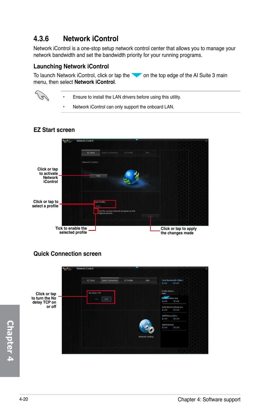 6 network icontrol, Network icontrol -20, Chapter 4 | Launching network icontrol, Ez start screen, Quick connection screen | Asus SABERTOOTH Z87 User Manual | Page 144 / 166