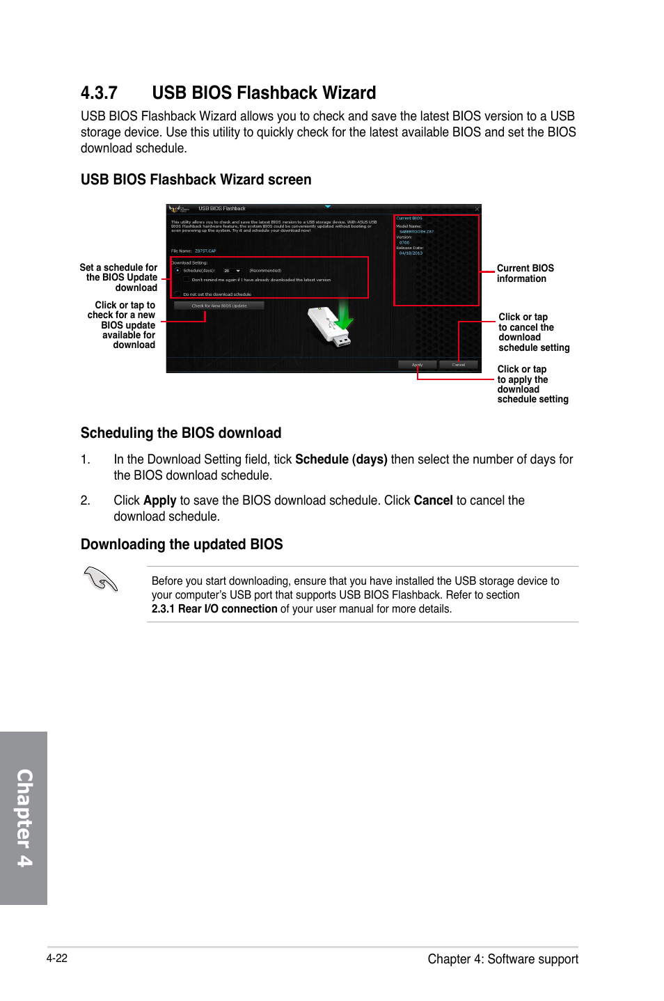 7 usb bios flashback wizard, Usb bios flashback wizard -22, Chapter 4 | Scheduling the bios download, Downloading the updated bios, Usb bios flashback wizard screen | Asus SABERTOOTH Z87 User Manual | Page 146 / 166