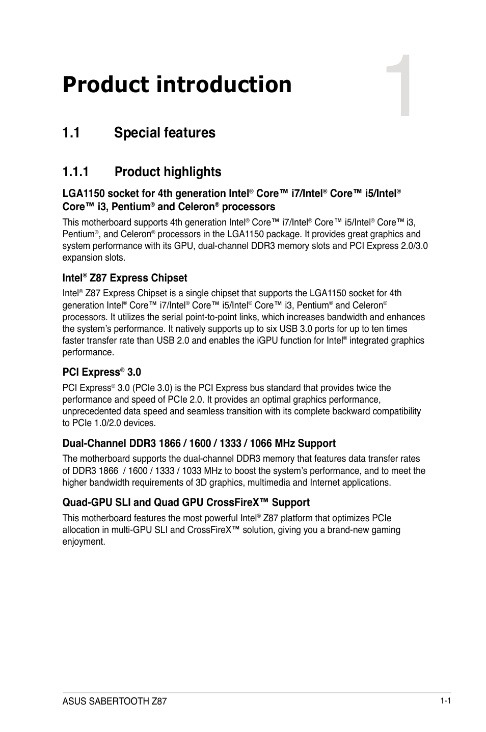 Chapter 1: product introduction, 1 special features, 1 product highlights | Chapter 1, Product introduction, Special features -1 1.1.1, Product highlights -1 | Asus SABERTOOTH Z87 User Manual | Page 15 / 166