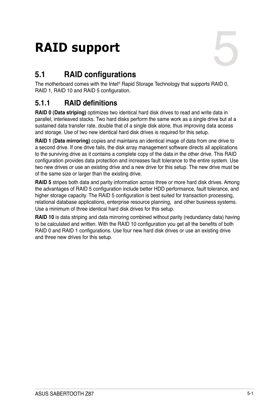 Chapter 5: raid support, 1 raid configurations, 1 raid definitions | Chapter 5, Raid support, Raid configurations -1 5.1.1, Raid definitions -1 | Asus SABERTOOTH Z87 User Manual | Page 153 / 166