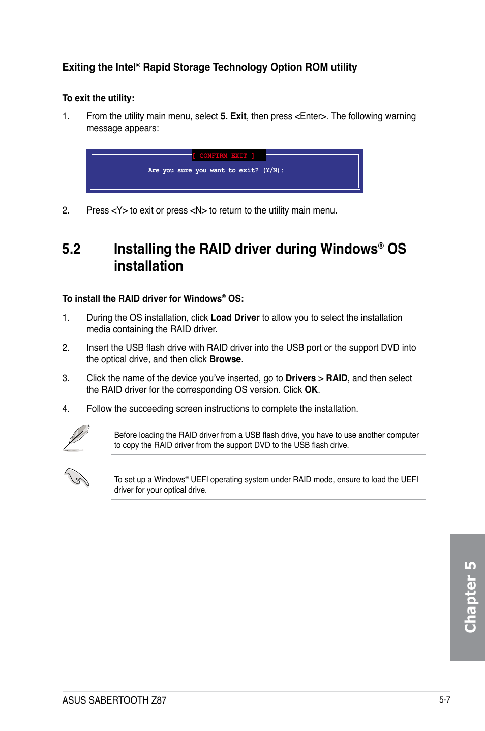 Installing the raid driver during windows, Os installation -7, Chapter 5 | 2 installing the raid driver during windows, Os installation | Asus SABERTOOTH Z87 User Manual | Page 159 / 166
