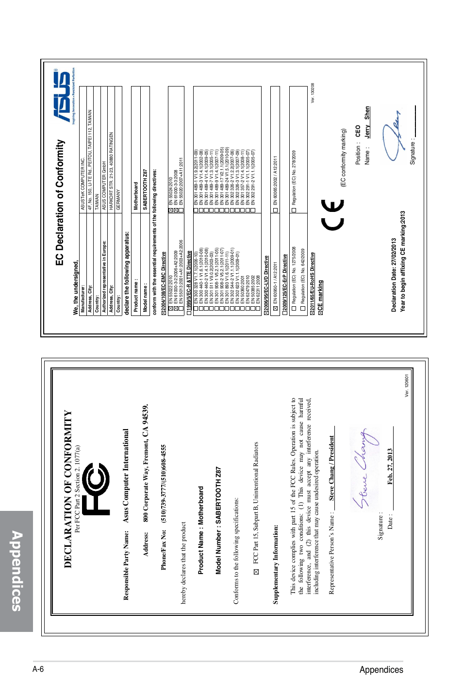 Ec declaration of conformity, Declaration of conformity, Appendices | As us c om pu te r i nt er na tio na l | Asus SABERTOOTH Z87 User Manual | Page 166 / 166