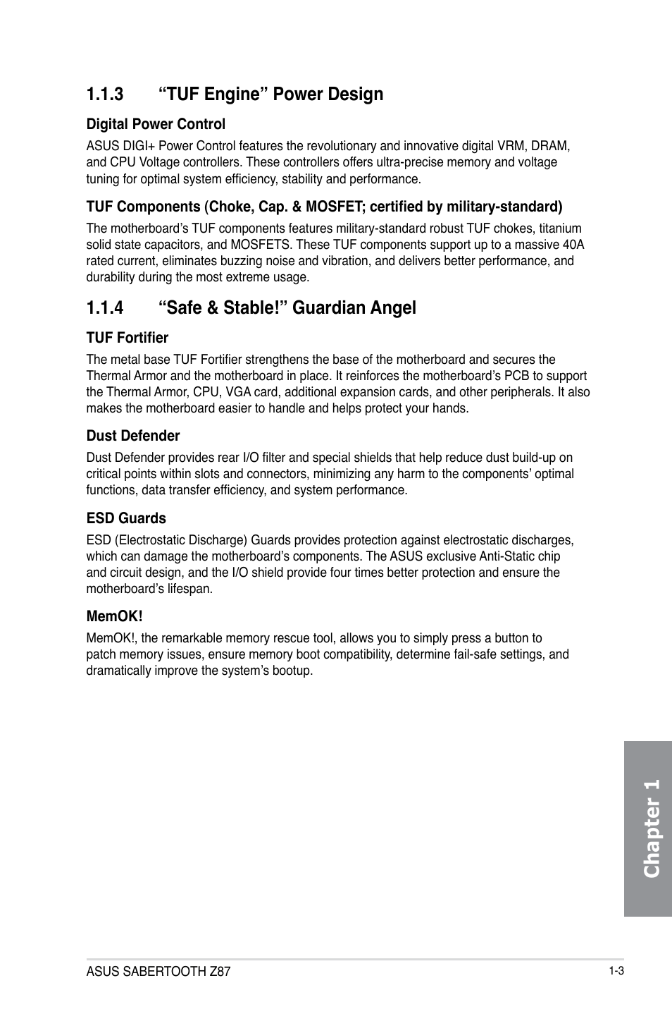 3 “tuf engine” power design, 4 “safe & stable!” guardian angel, Tuf engine” power design -3 | Safe & stable!” guardian angel -3, Chapter 1 | Asus SABERTOOTH Z87 User Manual | Page 17 / 166