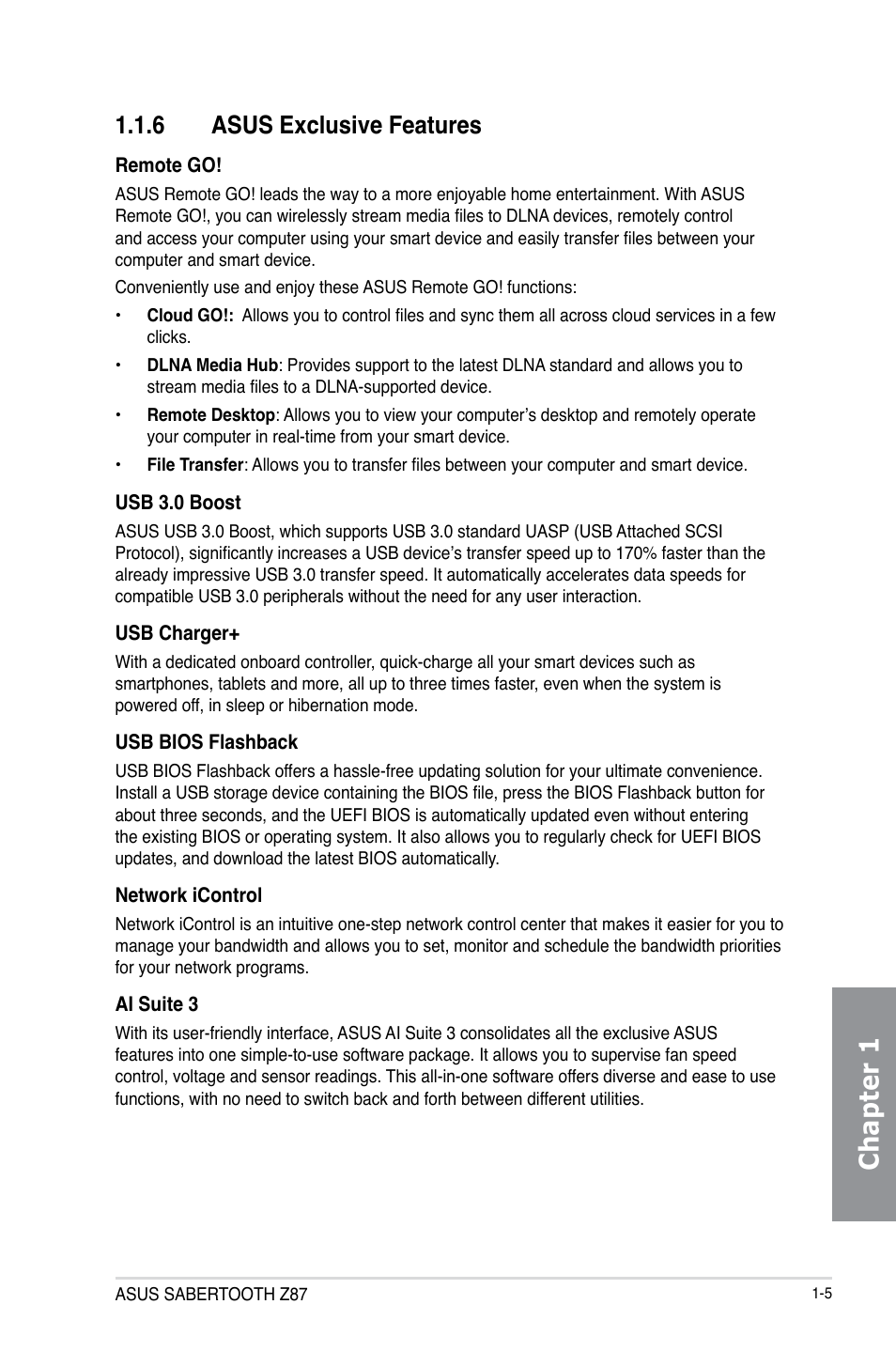 6 asus exclusive features, Asus exclusive features -5, Chapter 1 | Asus SABERTOOTH Z87 User Manual | Page 19 / 166