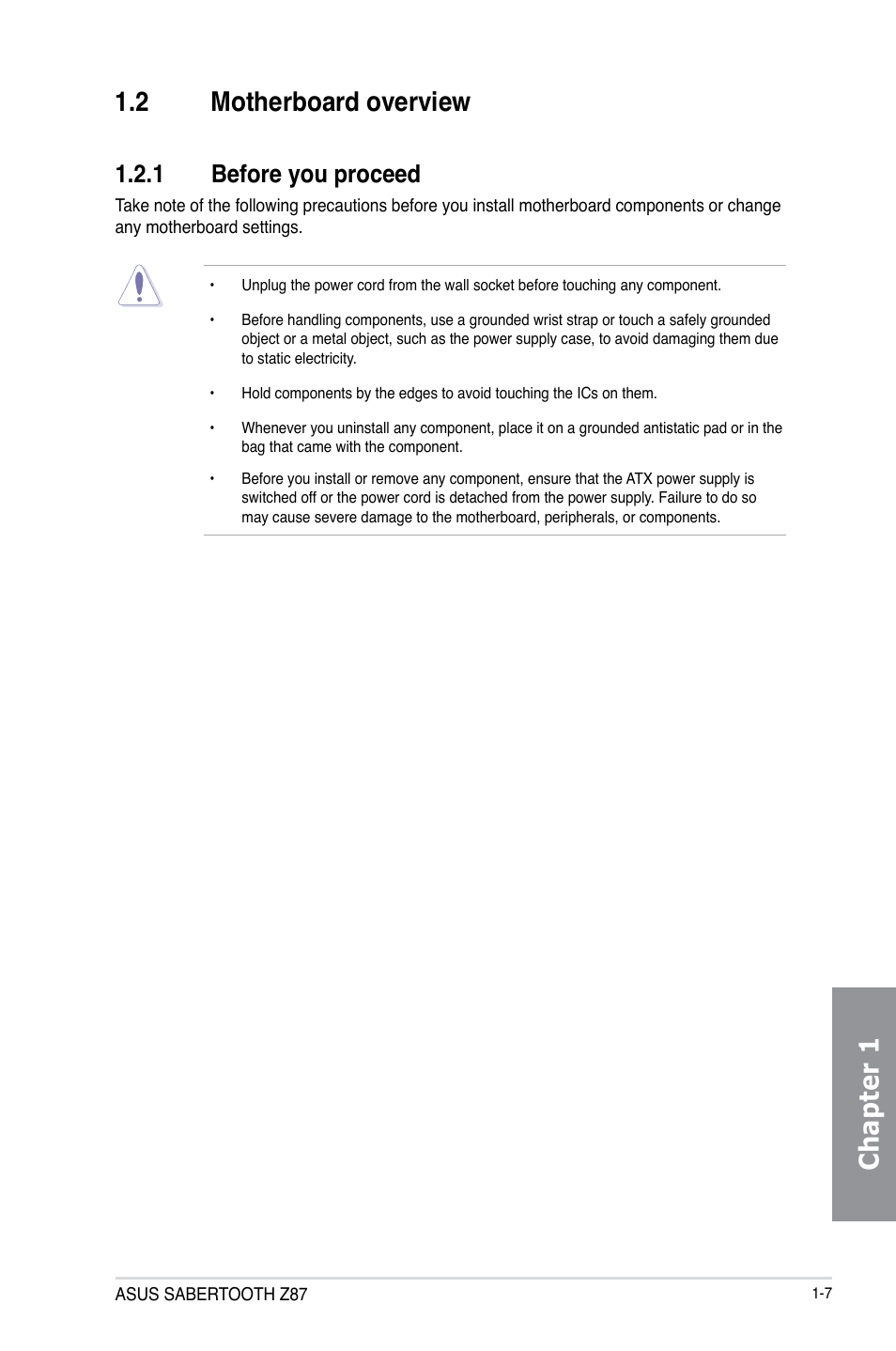 2 motherboard overview, 1 before you proceed, Motherboard overview -7 1.2.1 | Before you proceed -7, Chapter 1 | Asus SABERTOOTH Z87 User Manual | Page 21 / 166