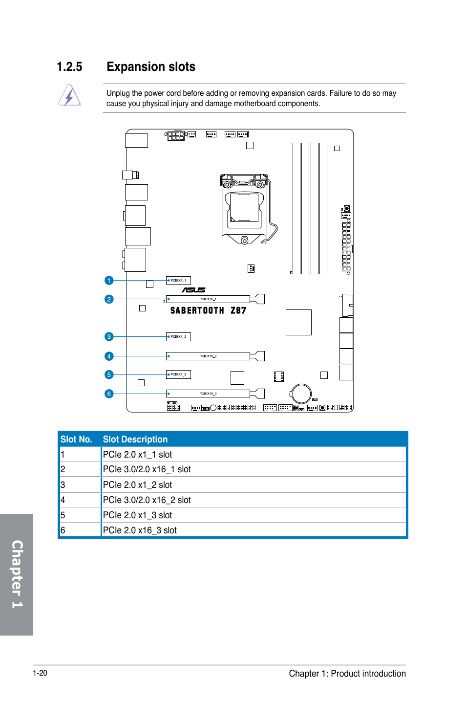 5 expansion slots, Expansion slots -20, Chapter 1 | Asus SABERTOOTH Z87 User Manual | Page 34 / 166