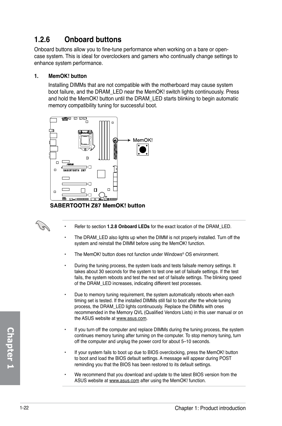 6 onboard buttons, Onboard buttons -22, Chapter 1 | Asus SABERTOOTH Z87 User Manual | Page 36 / 166