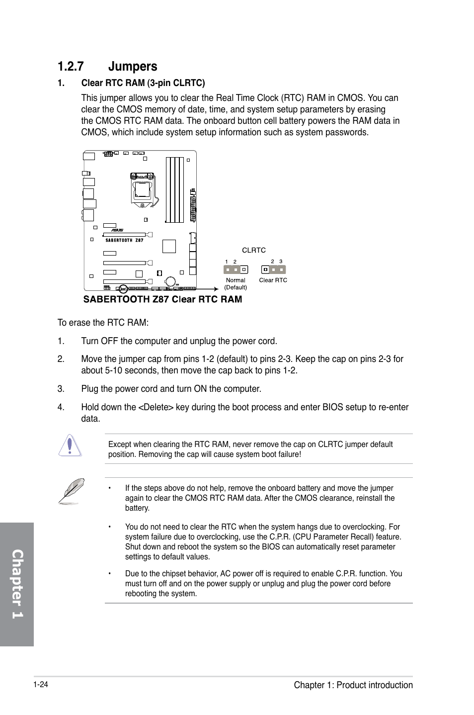 7 jumpers, Jumpers -24, Chapter 1 | Asus SABERTOOTH Z87 User Manual | Page 38 / 166