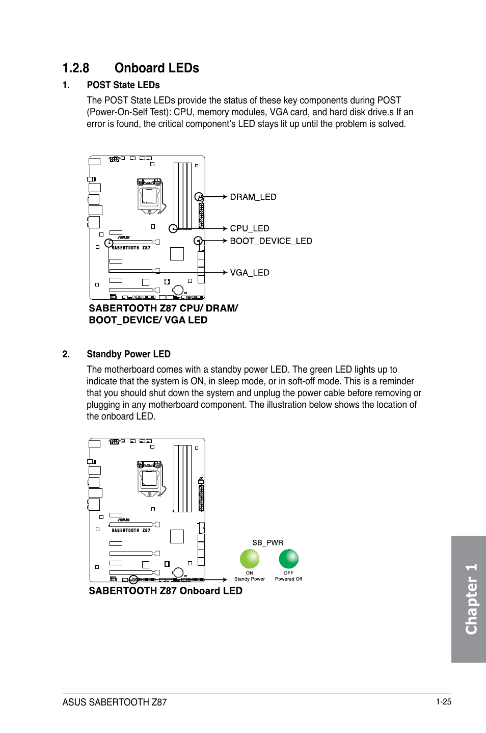 8 onboard leds, Onboard leds -25, Chapter 1 | Asus SABERTOOTH Z87 User Manual | Page 39 / 166