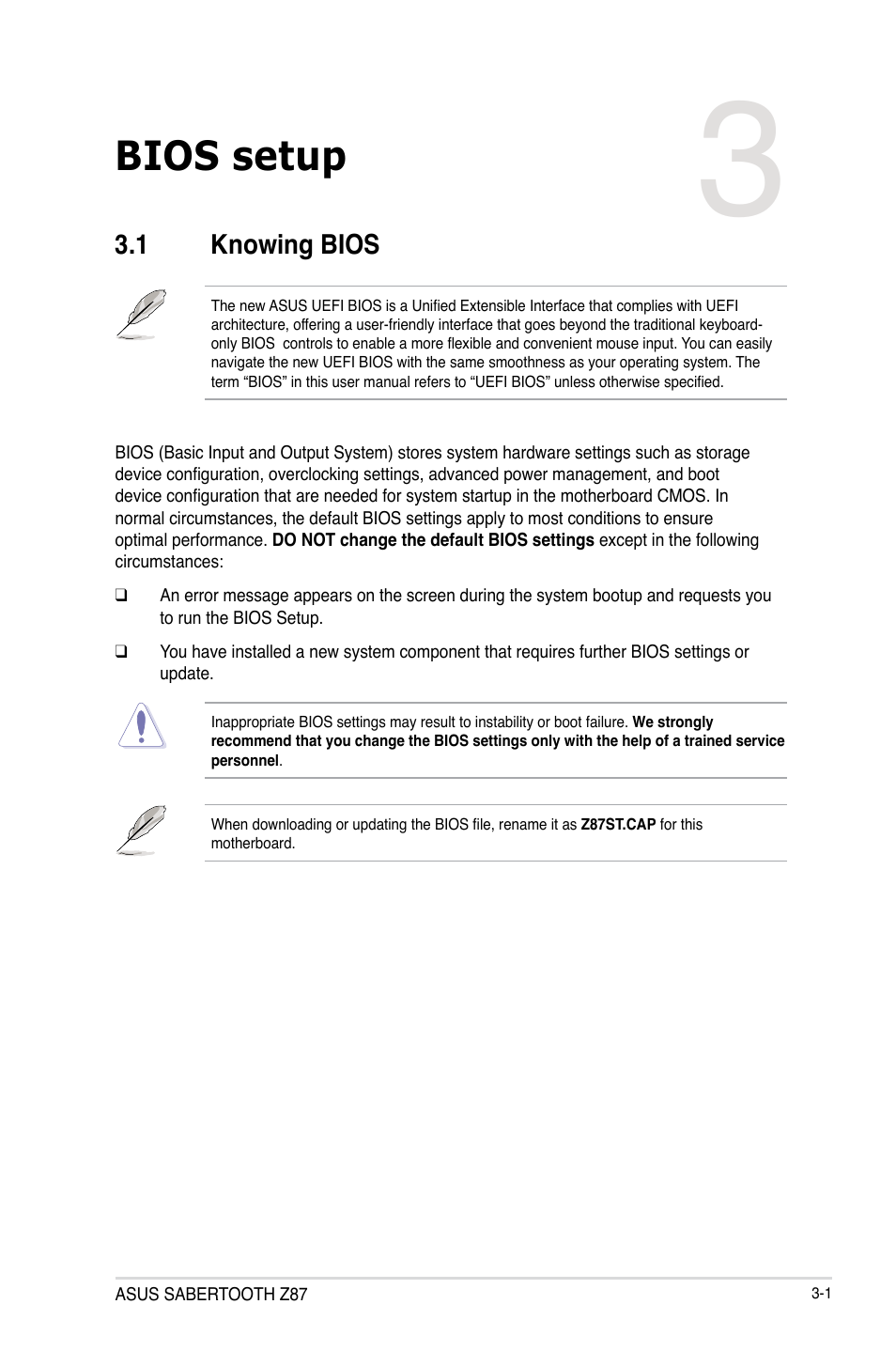 Chapter 3: bios setup, 1 knowing bios, Chapter 3 | Bios setup, Knowing bios -1 | Asus SABERTOOTH Z87 User Manual | Page 67 / 166