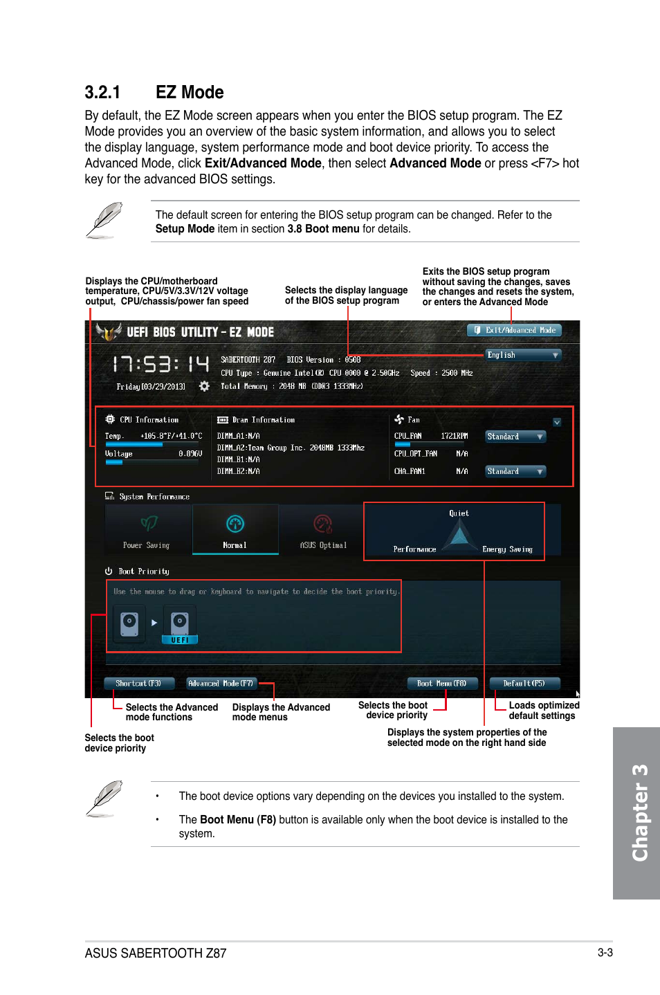 1 ez mode, Ez mode -3, Chapter 3 | Asus SABERTOOTH Z87 User Manual | Page 69 / 166