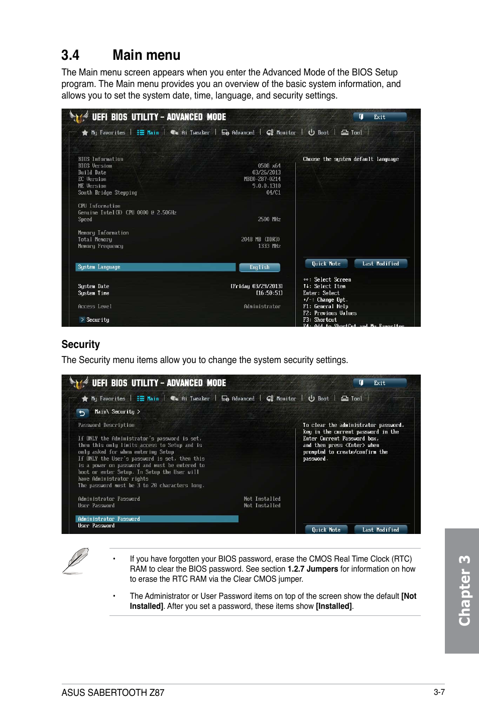 4 main menu, Main menu -7, Chapter 3 3.4 main menu | Asus SABERTOOTH Z87 User Manual | Page 73 / 166