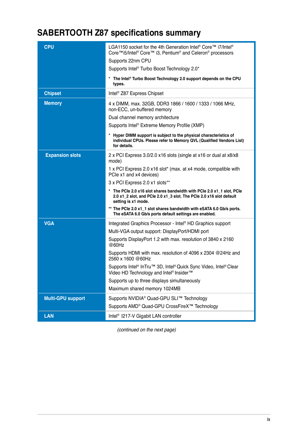 Sabertooth z87 specifications summary | Asus SABERTOOTH Z87 User Manual | Page 9 / 166