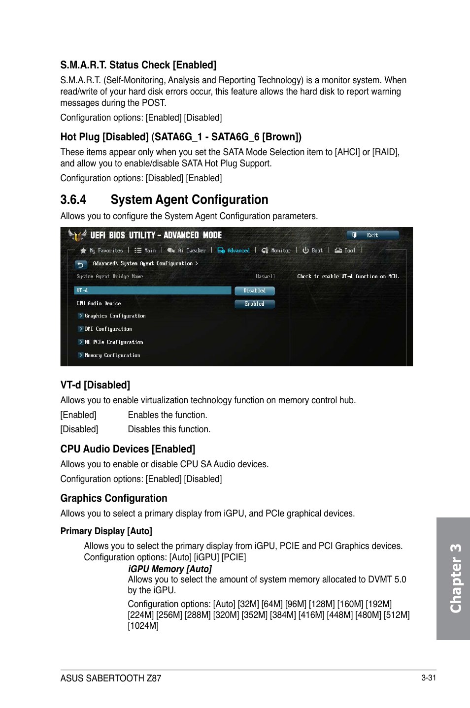 4 system agent configuration, System agent configuration -31, Chapter 3 | Asus SABERTOOTH Z87 User Manual | Page 97 / 166